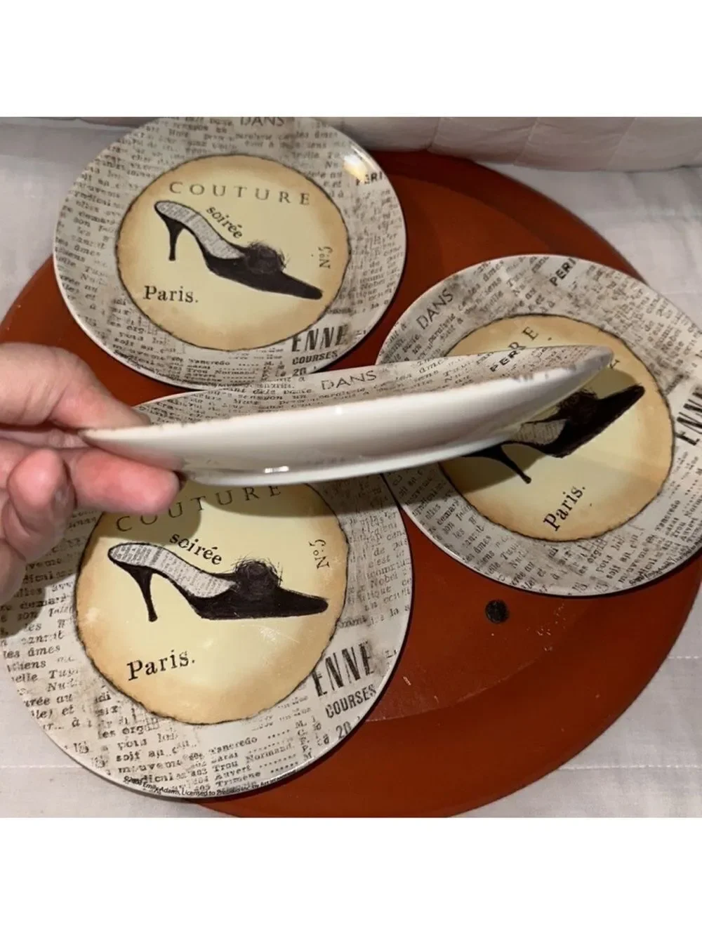 Precioso Set of 4 Paris No 5 Soirée Couture Mini Petite Dessert Stiletto Plates